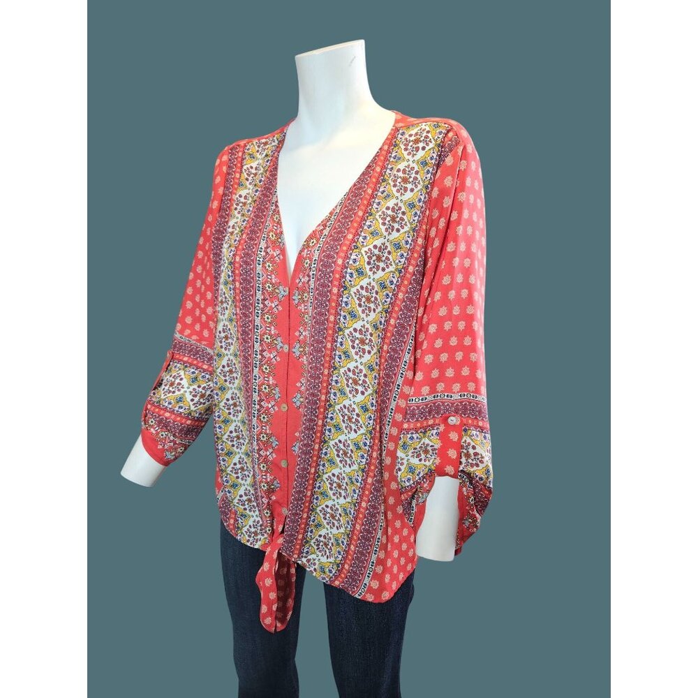 West Kei V-Neck Boho Tie Front Roll Tab Sleeves Blouse Women XL